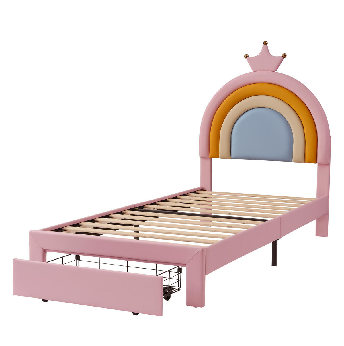KINDER-POLSTERBETT aus PU 90x200 cm Rosa mit höhenverstellbarem Regenbogen-Kopfteil und Schublade - Pink, Kunststoff (90/200cm) - IVMEU