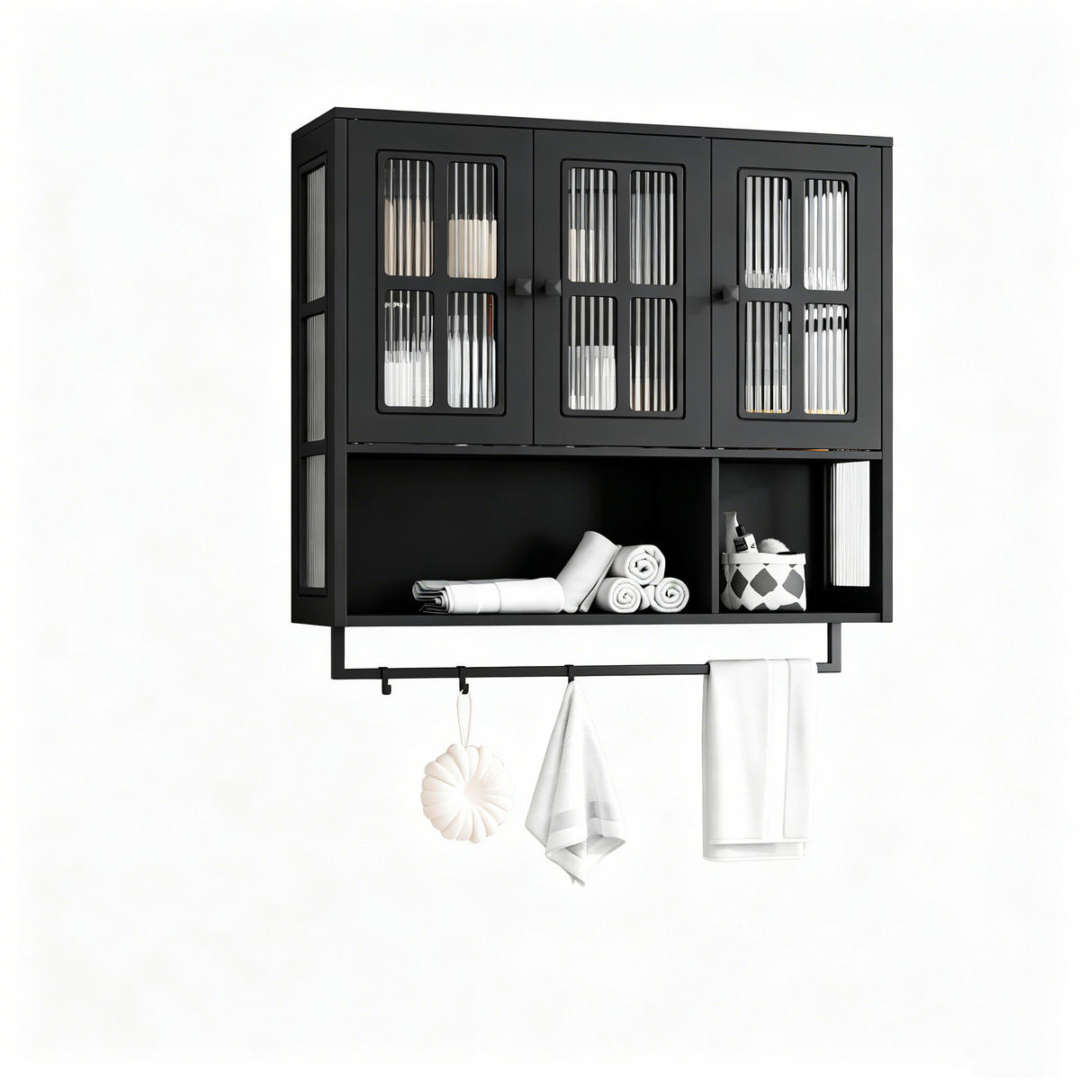 MEDIZINSCHRANK Schwarz mit 3 Türen, Glasfront & Handtuchhalter - Schwarz, Holzwerkstoff (88/82.5/26cm) - Urban Meuble
