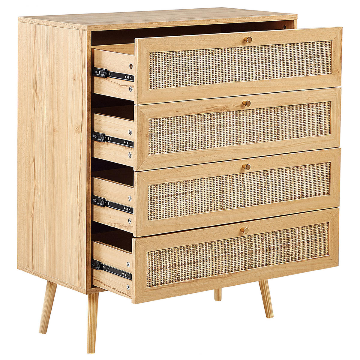 KOMMODE 4 Schubladen Rattan Helles Holz Perote - Hellbraun/Goldfarben, Naturmaterialien (80/97/38cm) - Beliani