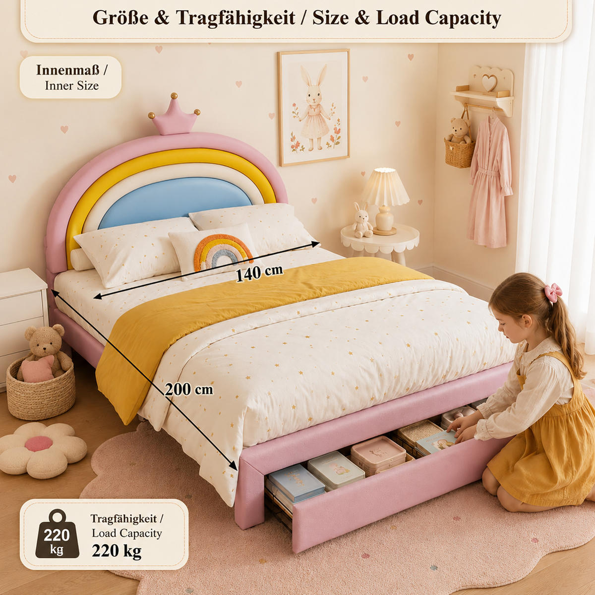 KINDER-POLSTERBETT aus PU 140x200 cm Rosa mit höhenverstellbarem Regenbogen-Kronen-Kopfteil und Schubladen - Pink, Kunststoff (140/200cm) - Modfu
