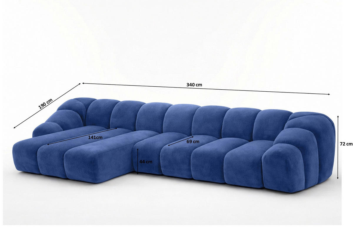 ECKSOFA Modulare L-Form, Veloursstoff Bluvel, Tintenblau, Links, CROISSANT XL - Blau, Holz (340/190cm) - Kaiser Möbel