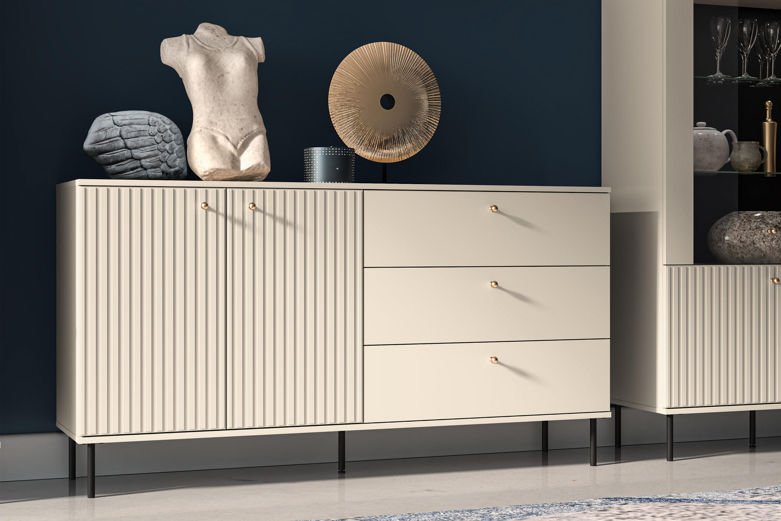 KOMBIKOMMODE DROMA mit Goldelementen, Creme - Creme, Holz (160/85/40cm) - KONSIMO®