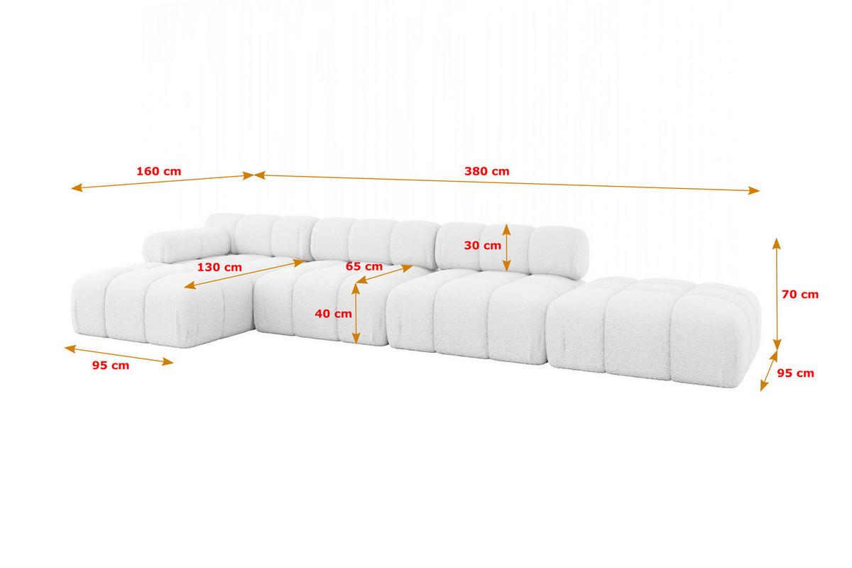 ECKSOFA modulares Sofa Lizur-L2 - 380x160x70 cm Weiß Bouclé - Weiß, Holzwerkstoff/Textil (380/160cm) - ALTDECOR