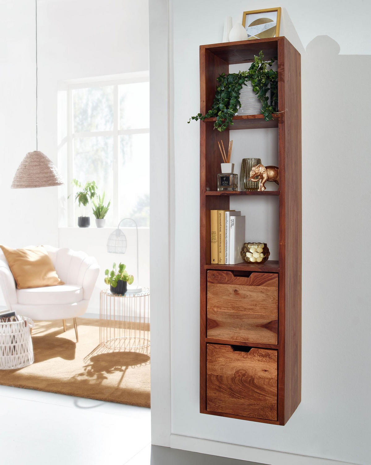 WANDREGAL Massivholz Modern Stil Flexibel mit 5 Ablagen und 2 Schubladen - Braun, Holz (35/150/30cm) - KADIMA DESIGN