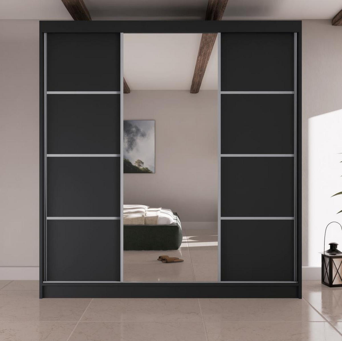 SCHWEBETÜRENSCHRANK Vilo II 200/61/215 schwarz+silber - Silberfarben/Schwarz, Holzwerkstoff (200/215/61cm) - Beautysofa