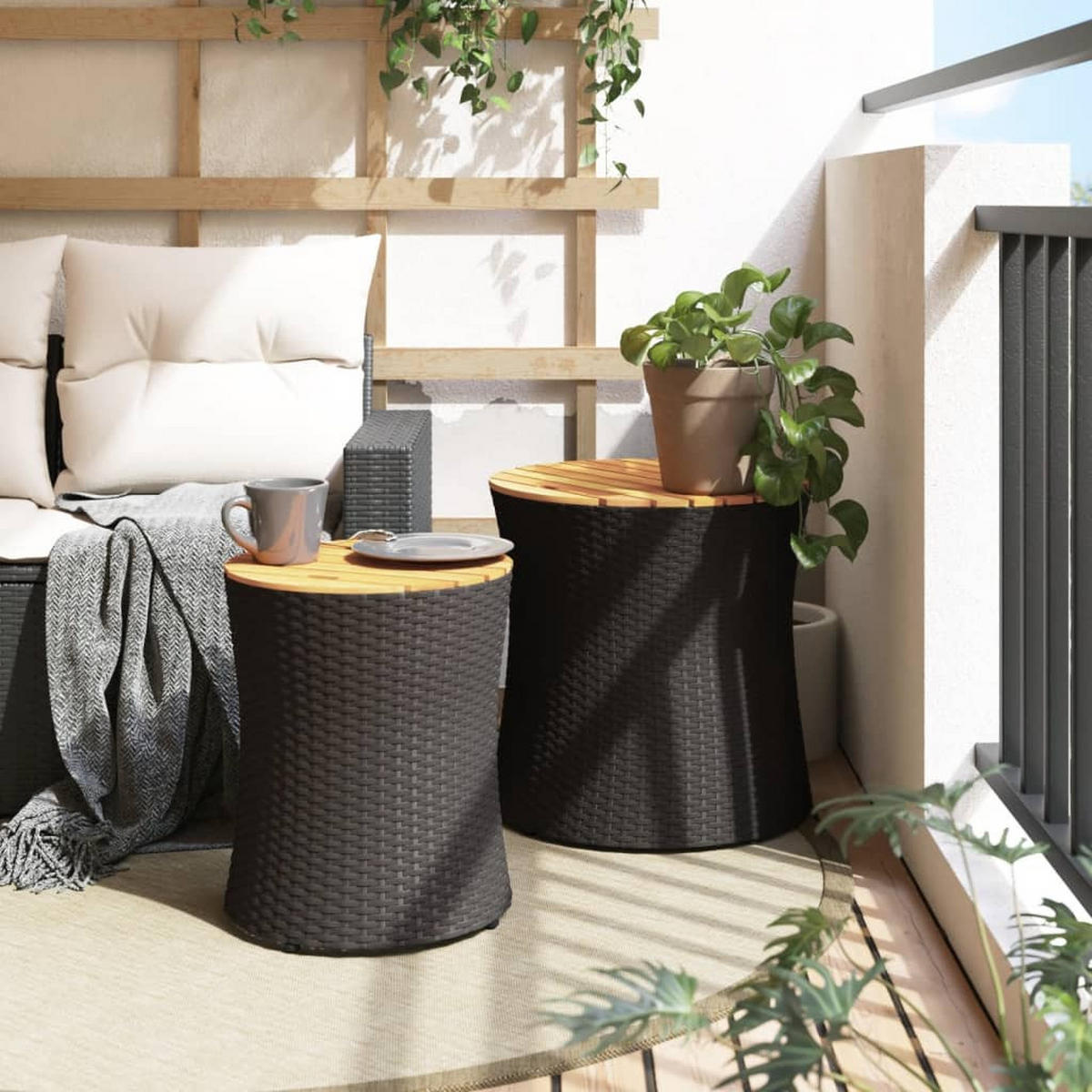 GARTEN-BEISTELLTISCHE 2 Stk. Mit Holzplatte Schwarz Poly Rattan - Schwarz, Kunststoff (50/50/50cm) - vidaXL