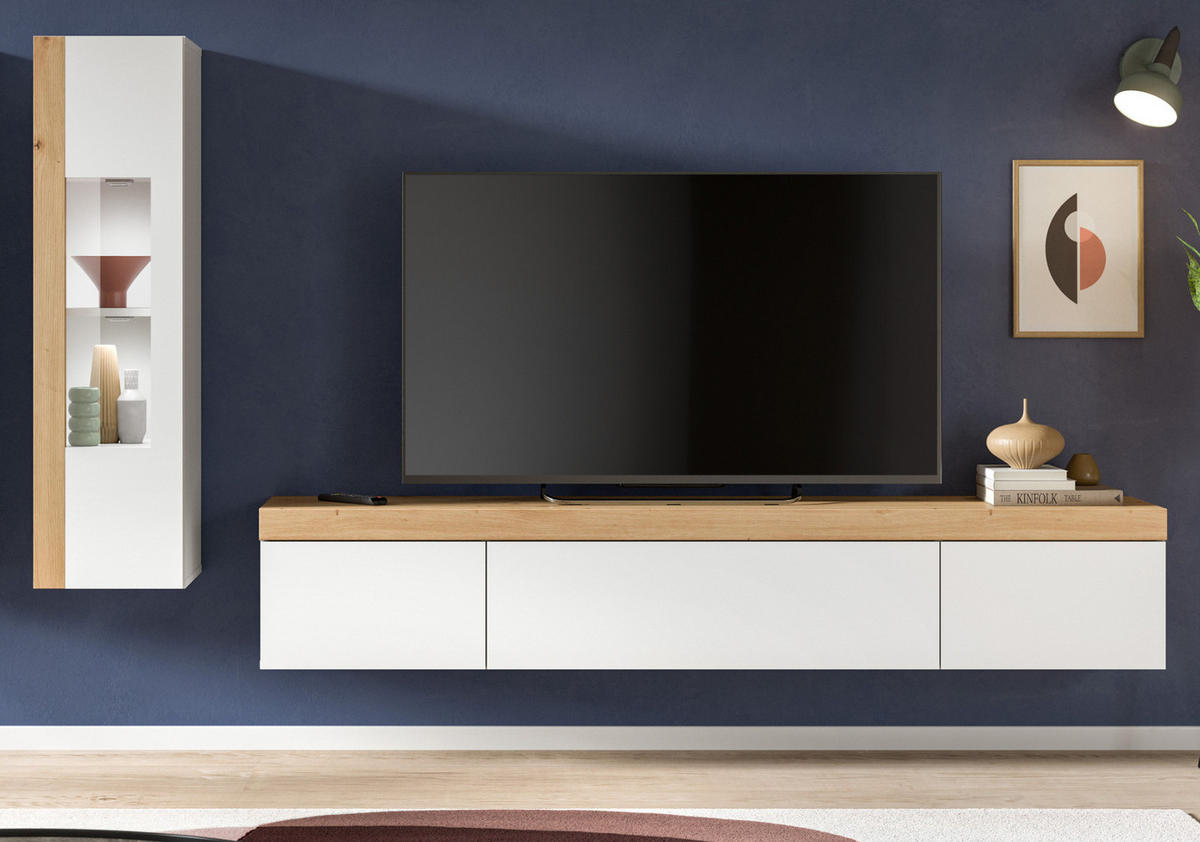 WOHNWAND 2-teilig weiß und Eiche 225 cm, Schrankwand stehend/hängend - Schwarz/Weiß, Glas/Holzwerkstoff (225/157/33cm) - Inn.Furn