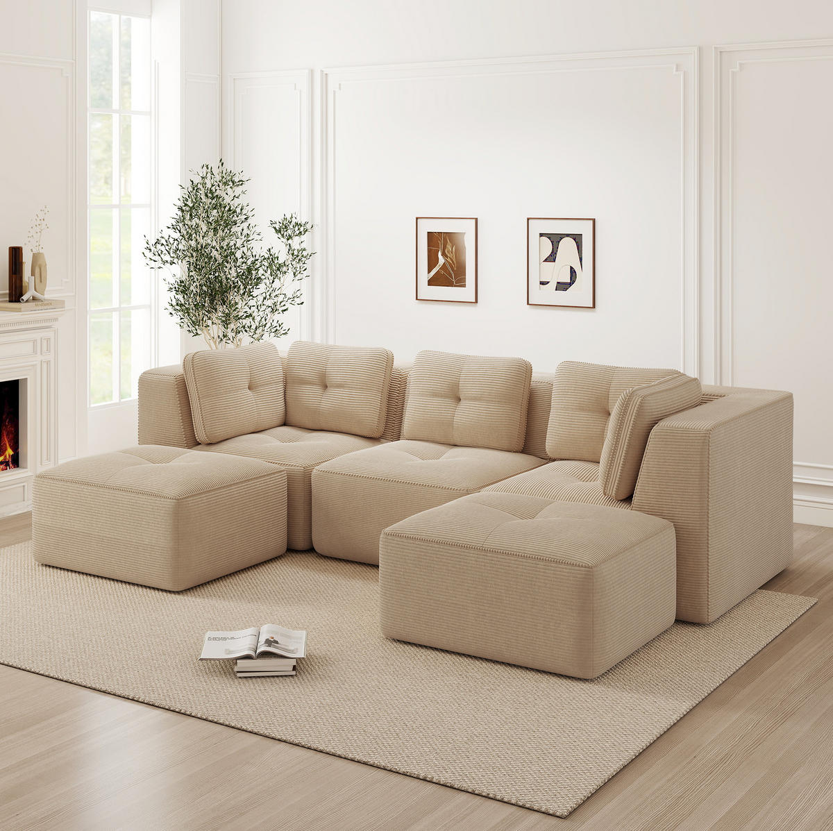 ECKSOFA 297/177/69 cm beige aus Cord mit modularem Aufbau und tiefer Sitzfläche - Beige, Textil (177/297cm) - OKWISH