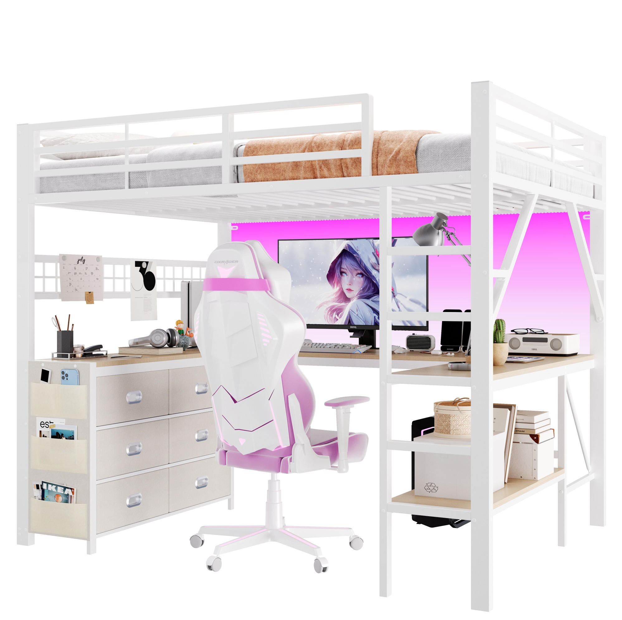 HOCHBETT Metall/MDF 140x200 cm Weiß mit Schreibtisch, Stauraum und LED-Beleuchtung - Weiß, Holzwerkstoff (140/200cm) - Modfu