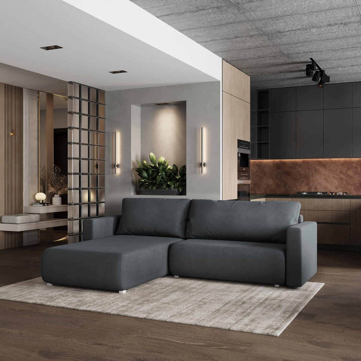 ECKSOFA TURIN Graphitfarben Geflochtener Stoff mit Schlaffunktion - Graphitfarben, Holz (265/183cm) - MASSENO