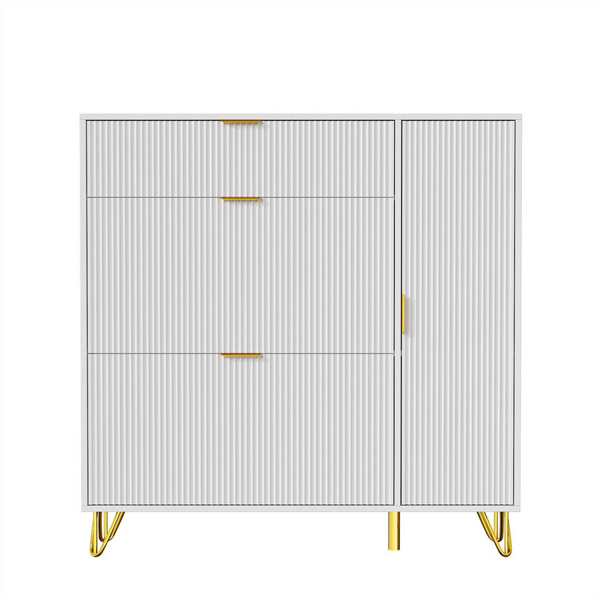SCHUHSCHRANK im modernen Luxusdesign - Schuhkipper mit 2 Kippfächern und 1 Tür - Weiß und Gold - Weiß, Holzwerkstoff (24/118.5/110cm) - DELFA