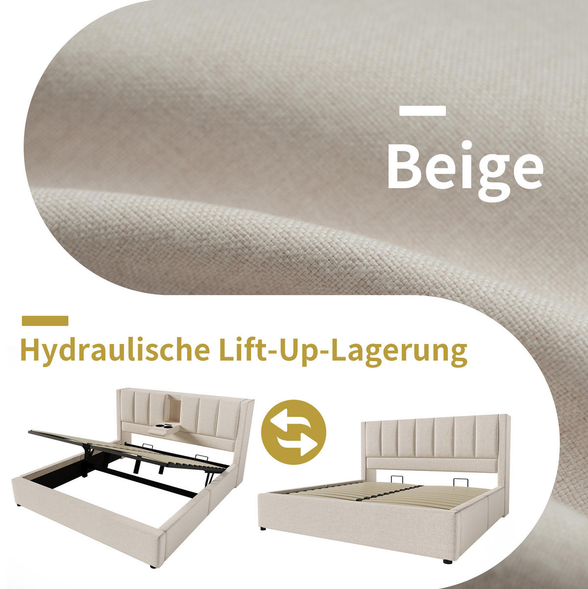 POLSTERBETT 140/200 cm mit Bettkasten, Ladestation und gepolstertem Kopfteil - Beige, Textil (140/200cm) - BEAOK