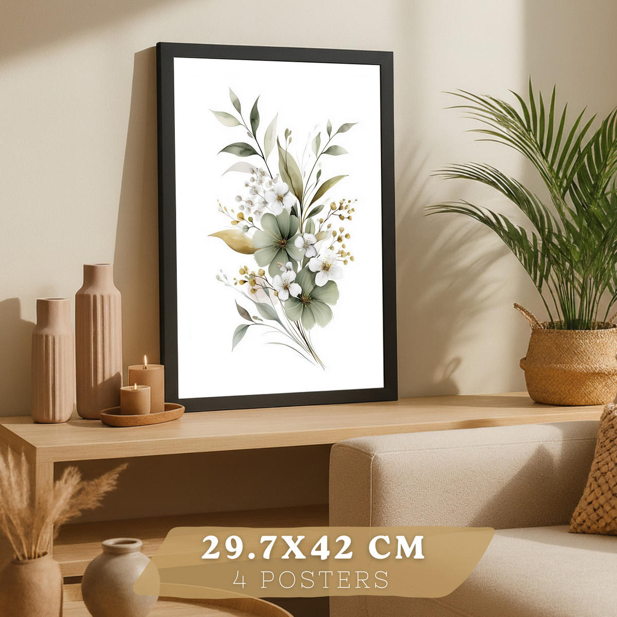 PLAKAT Sada 4 botanických uměleckých tisků. Akvarelové květinové nástěnné umění. Velikost Černý rám A3 - černá, papír (29.7/42/3cm) - Nacnic
