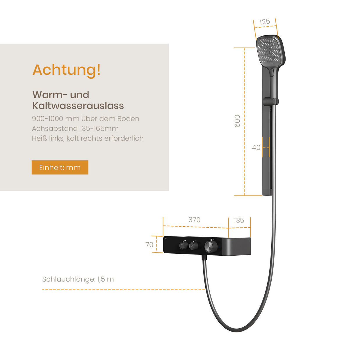 ÜBERKOPFBRAUSESET mit Zweiwege-Thermostatmischer Handbrause Anthrazit Matt - Anthrazit, Metall (35.5/115/15cm) - EMKE