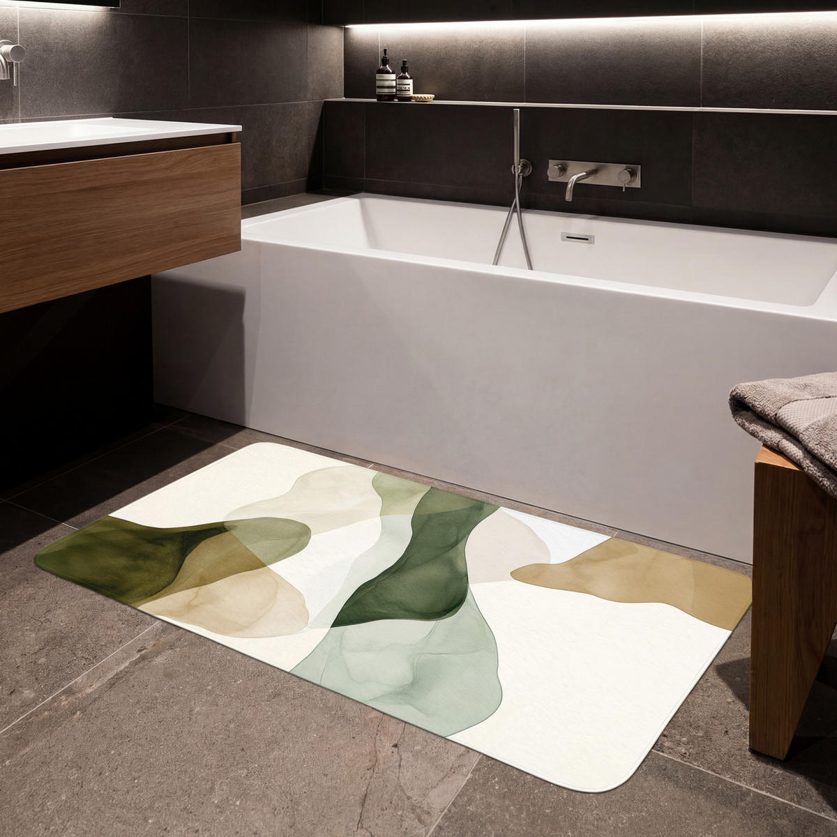 KÚPEĽŇOVÁ PREDLOŽKA Japandi - Abstraktné - Zelené 120x60 cm - zelená, textil/plast (120/60cm) - OnlyWow