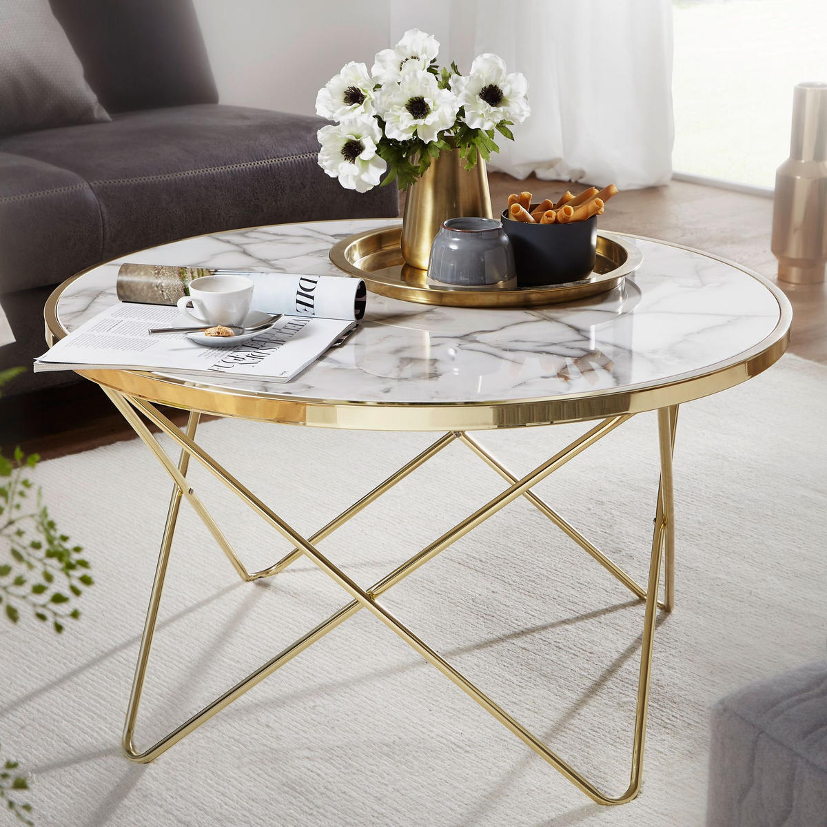 COUCHTISCH Marmor Optik YARA Gold weiß - Goldfarben, Holzwerkstoff (85/85/49cm) - tinkaro