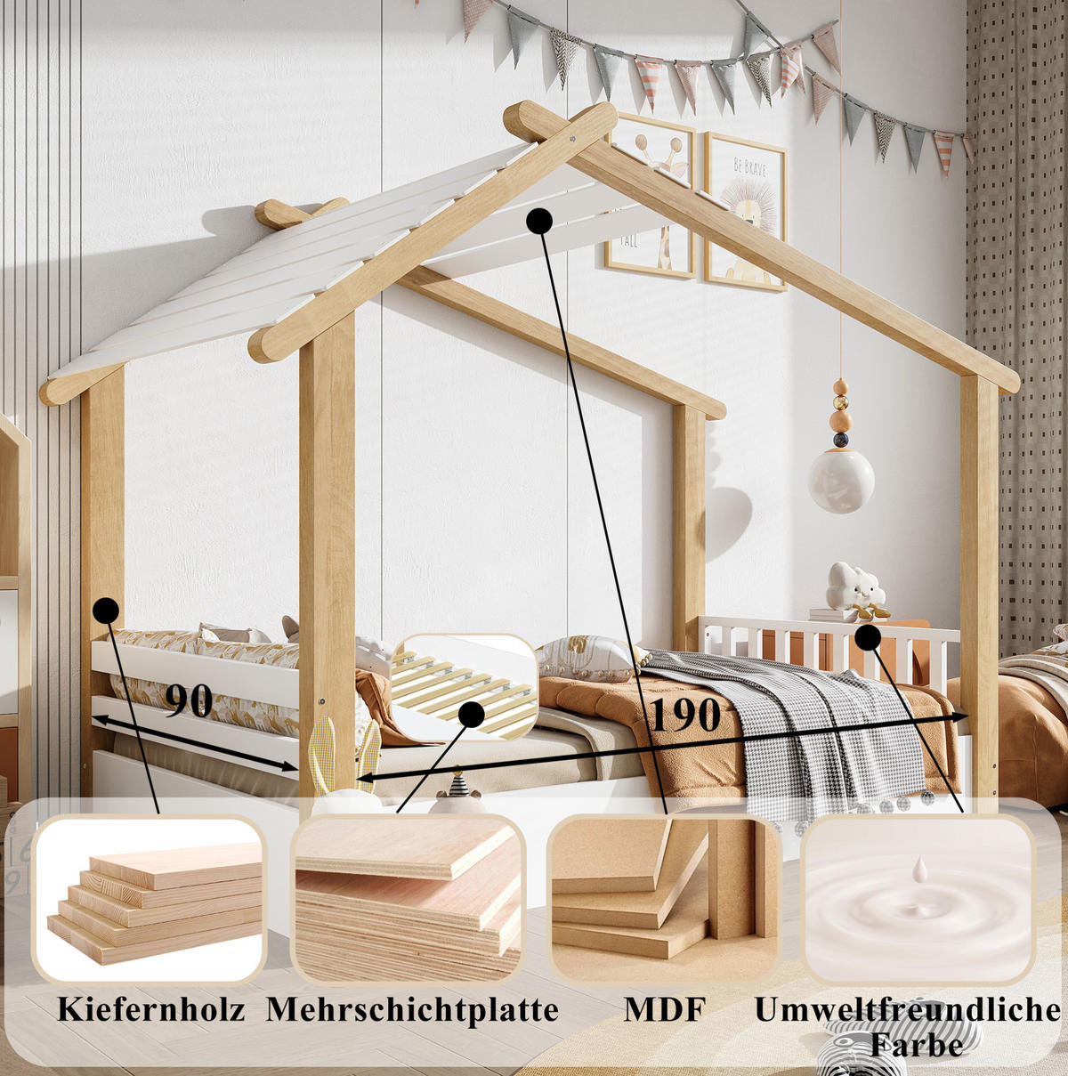 KINDERBETT aus Kiefer, Spanplatte und MDF 90x190 cm Weiß/Natur mit Hausdesign - Weiß, Holzwerkstoff (90/200cm) - IVMEU