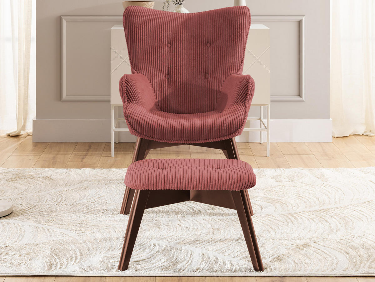 LOUNGESESSEL mit Fußhocker Lenari Terrakotta Cordstoff mit Füßen in Braun - Terra cotta/Braun, Holz/Textil (71/96/86cm) - S-Style Möbel