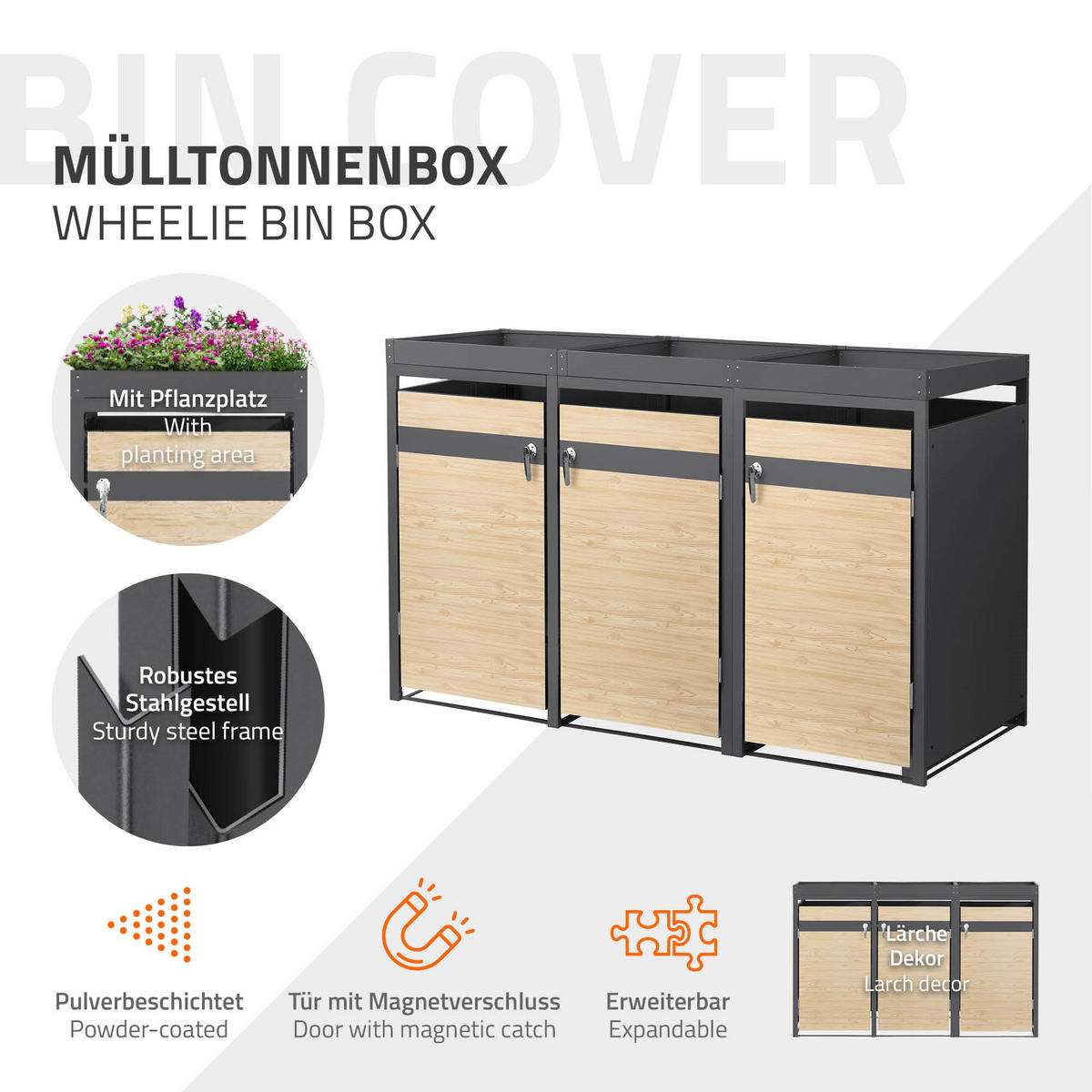 MÜLLTONNENBOX 3er mit Pflanzdach Anthrazit-Lärchenoptik - Hellbraun, Metall (200/124/80cm) - ML-DESIGN