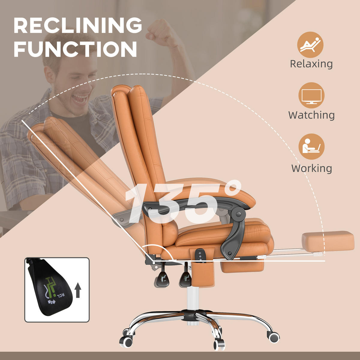 KANCELÁŘSKÁ ŽIDLE s masážní funkcí Ergonomické křeslo s vyhříváním - hnědá, plast (70/118/64cm) - Vinsetto