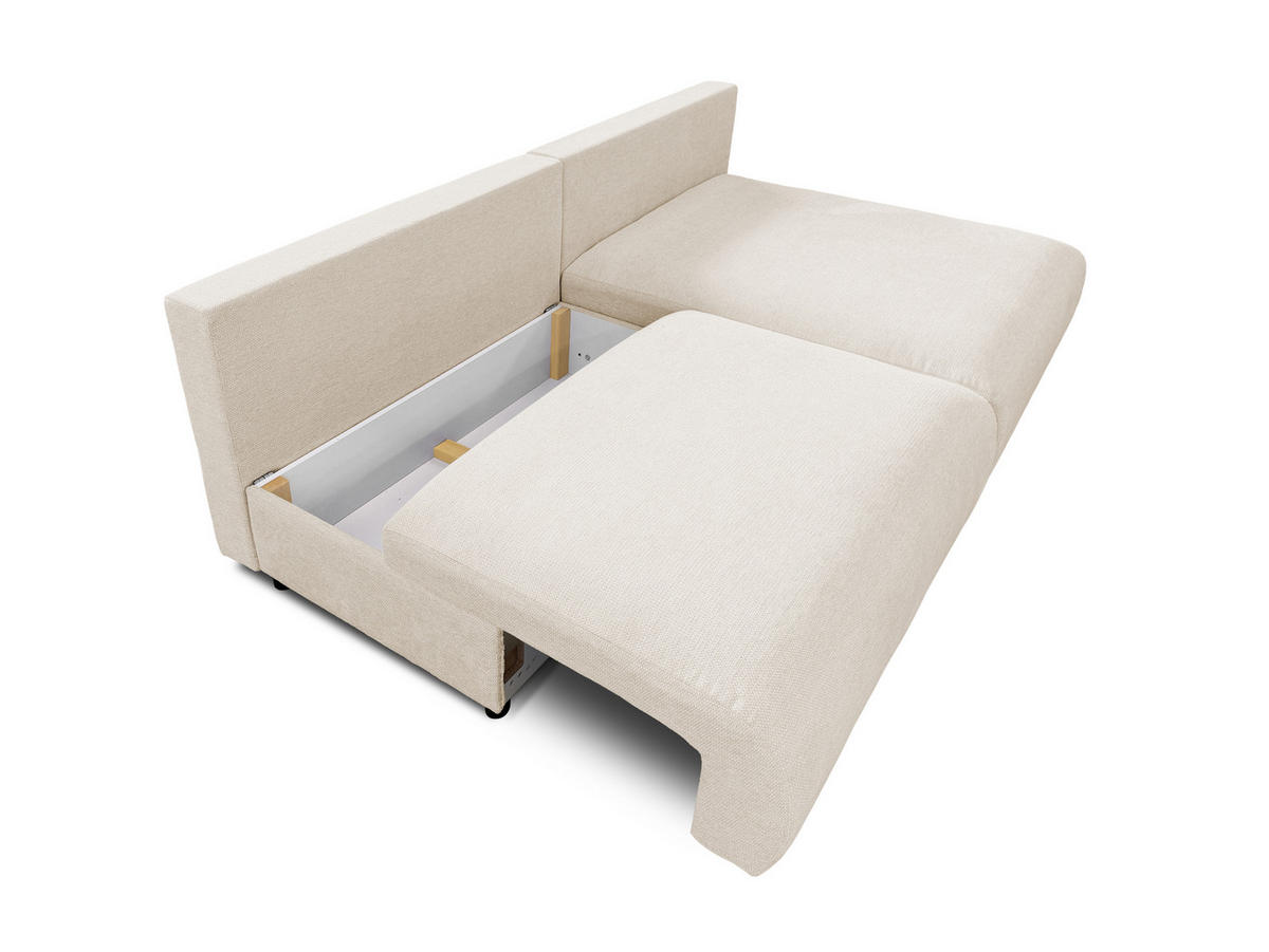 ECKSOFA Sora mit Schlaffunktion, Bettkasten und extra tiefer Komfortzone aus hochwertigem Hellbeige Strukturstoff - Beige/Schwarz, Holz/Kunststoff (200/140cm) - S-Style