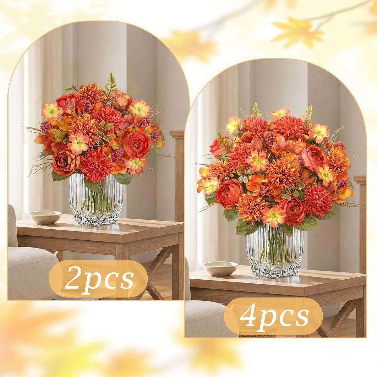 KUNSTBLUMEN Herbststrauß 2er Set Pfingstrosen Chrysanthemen 32 cm Orange - Orange, Textil (30cm)