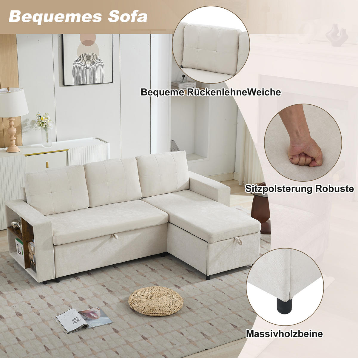 ECKSOFA 202/136/85 cm Beige mit Stauraum - Beige, Textil (202/136cm) - Oxeza