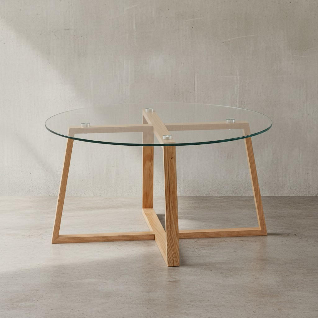 COUCHTISCH in Eiche mit transparenter Glasplatte und überkreuztem Gestell, modernes Design - Beige/Braun, Glas/Eichenholz (78/78/41cm) - KADIMA DESIGN