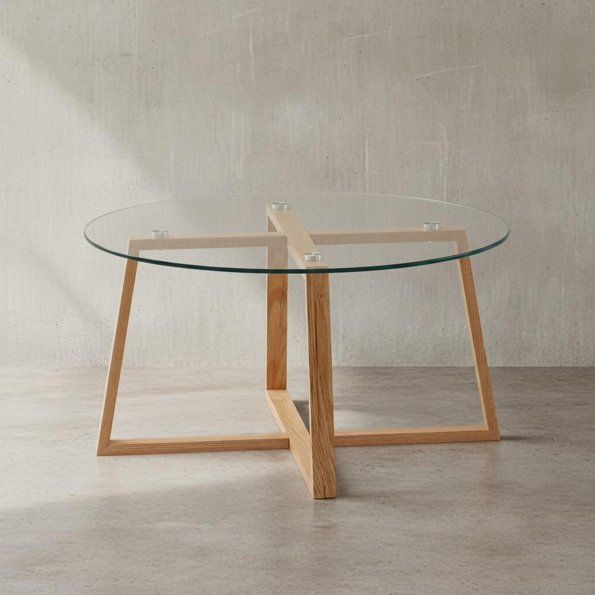 COUCHTISCH in Eiche mit transparenter Glasplatte und überkreuztem Gestell, modernes Design - Beige/Braun, Glas/Eichenholz (78/78/41cm) - KADIMA DESIGN