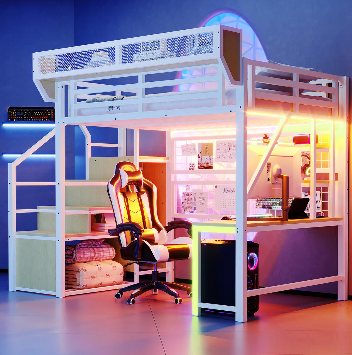 HOCHBETT 140/200 cm Weiß aus Metall mit Schreibtisch und LED - Weiß, Metall (140/200cm) - MIVRAY