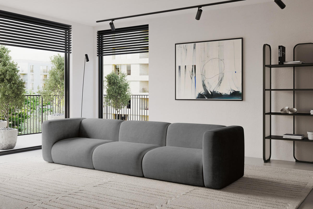 MODULÁRNÍ pohovka MIRA-S2, 3místná, 319 × 89 × 70 cm, šedá, velur - šedá/černá, kompozitní dřevo/textil (319/70/89cm) - ALTDECOR
