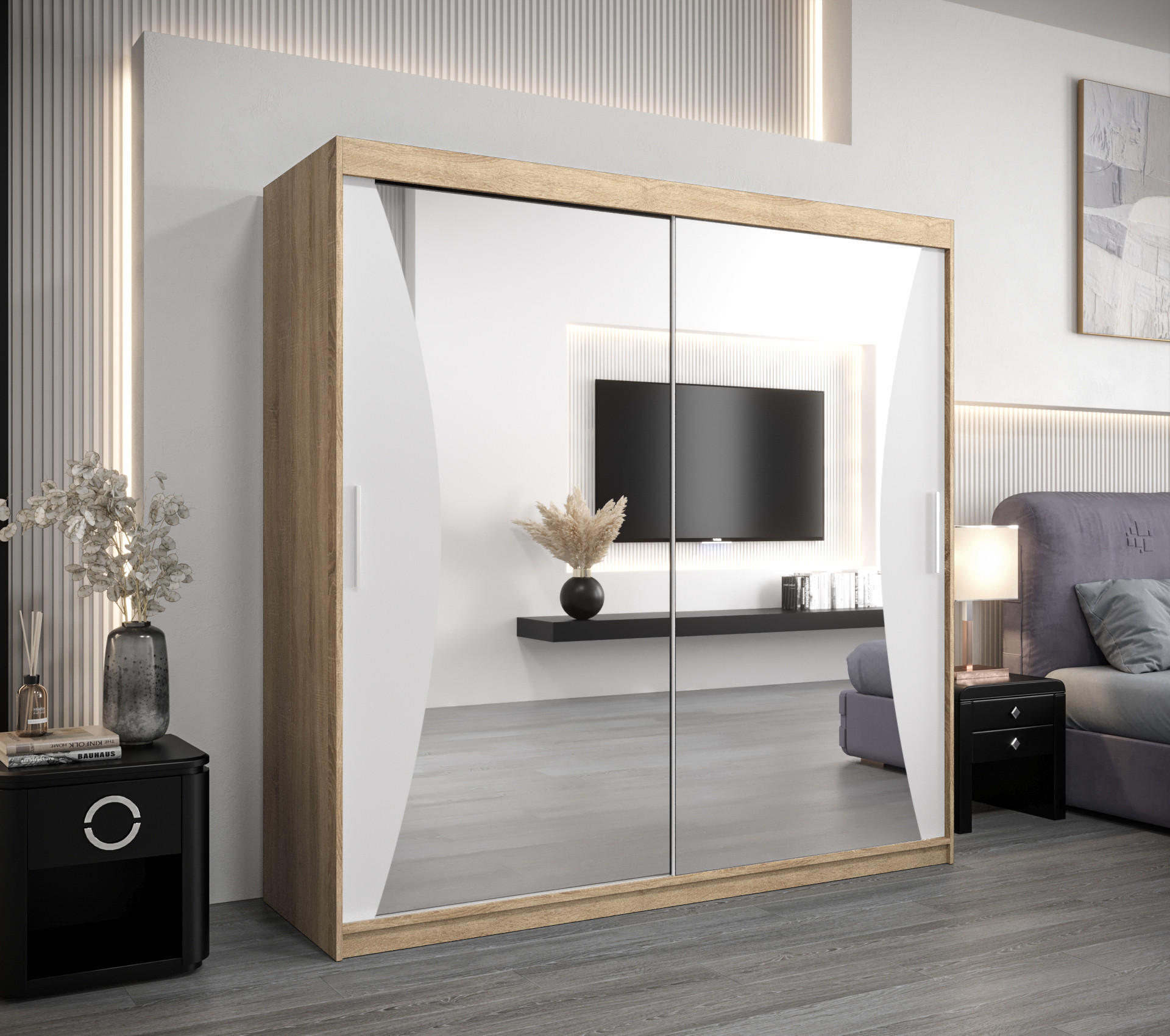 SCHWEBETÜRENSCHRANK 200/200/62 2-türig - Silberfarben/Weiß, Holz/Kunststoff (200/200/62cm) - Abiks Möbel