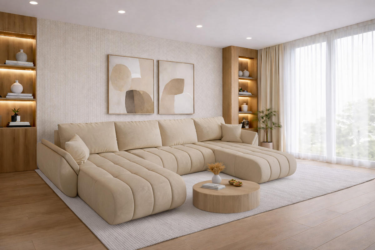 ECKSOFA mit schlaffunktion und bettkasten TOKYO U PREMIUM, stoff MONOLITH, Ecru - Ecru, Holz (384/190cm) - Kaiser Möbel