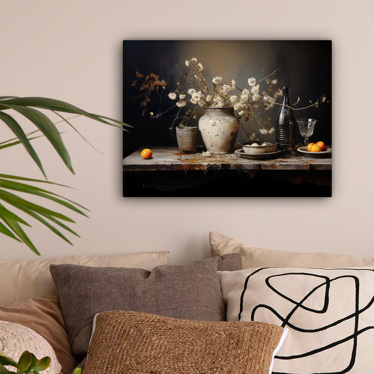 LEINWANDBILD Stilleben - Blumen - Blumenstrauß - Vase - Wein Wandbild 40x30 cm - Schwarz, Textil (40/30cm) - MuchoWow