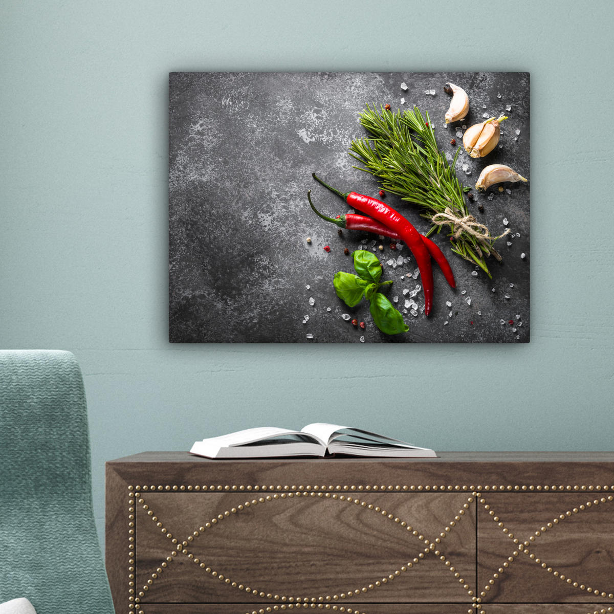 LEINWANDBILD Pfeffer - Kräuter - Gewürze - Beton 40x30 cm - Dunkelgrau, Textil (40/30cm) - MuchoWow