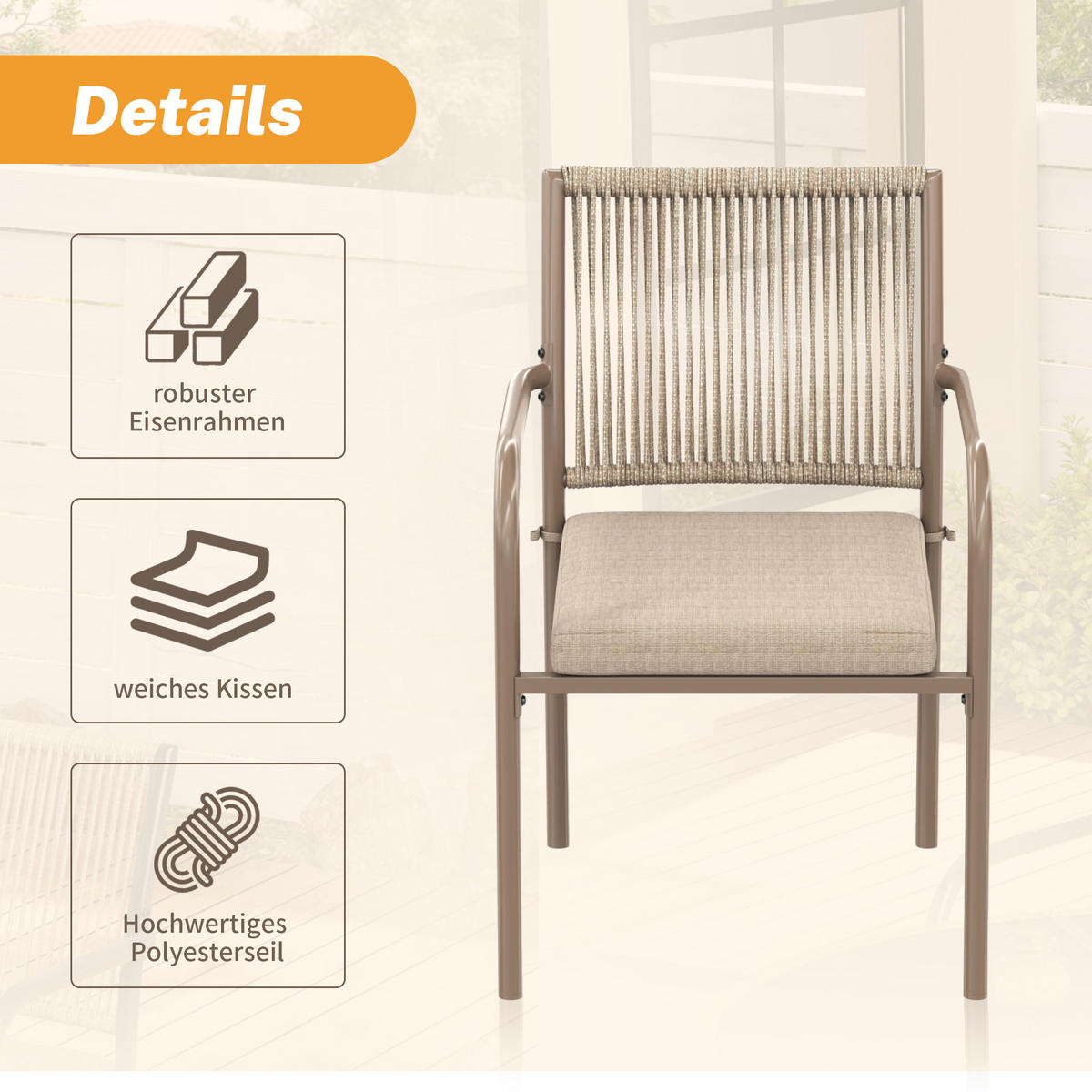 GARTENLOUNGE-SET mit esstisch Sitzgruppe Gartenmöbel mit 4 Armlehnstühle Braun für Deck - Braun, Textil/Metall - STILVORA