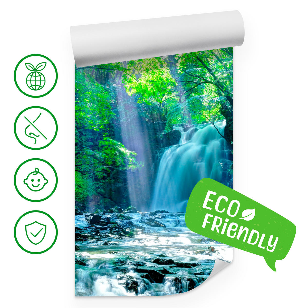 FOTOTAPETE für Schlafzimmer Wasserfall Wald Felsen Bäume Pflanzen 500x350 - Türkis/Blau, Papier (500/350cm) - Muralo