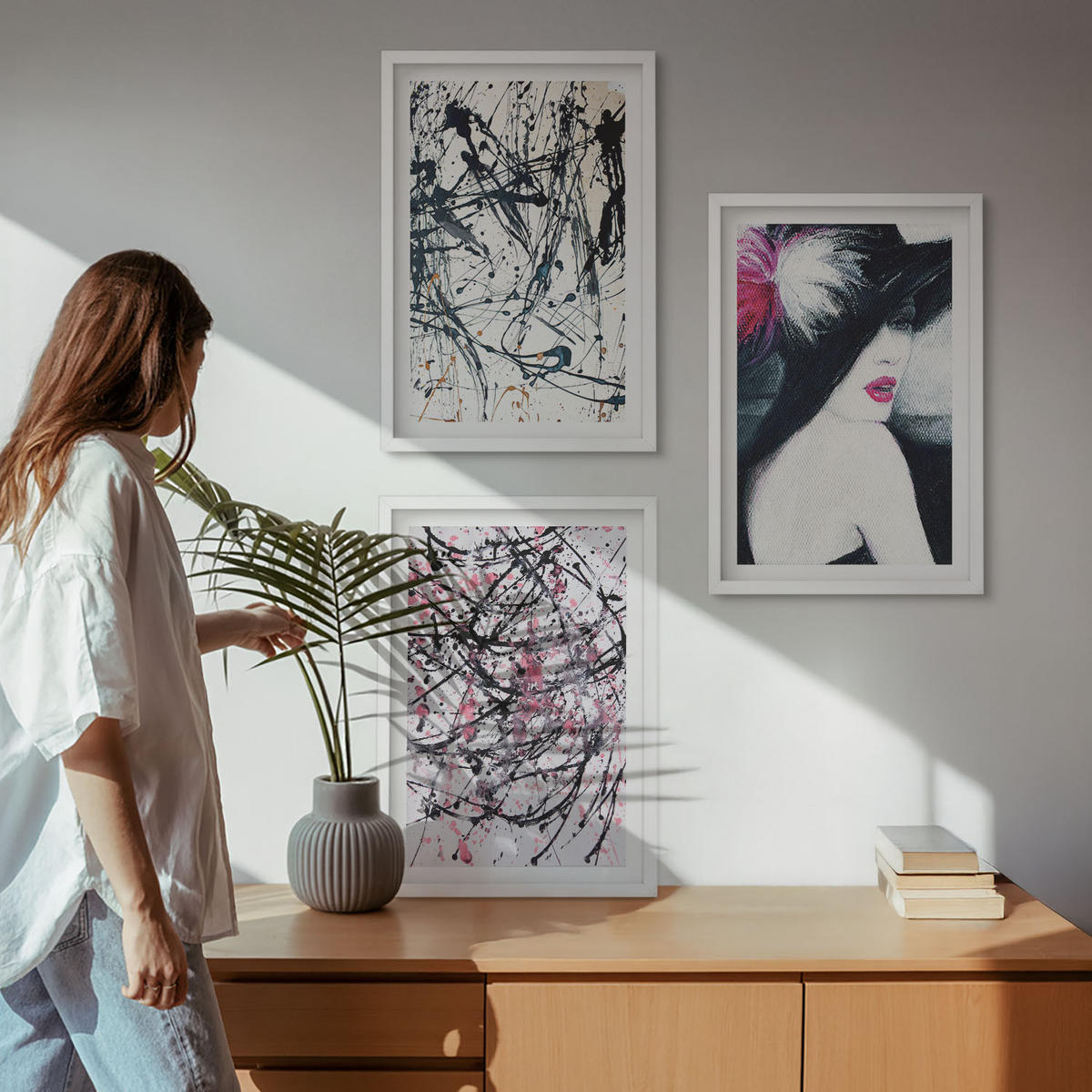 WANDBILDER 3er-Set - 40x60 cm Weißer Rahmen - Abstrakte Farbmuster Hut - Weiß, Kunststoff (40/60cm) - ArtPrintCave