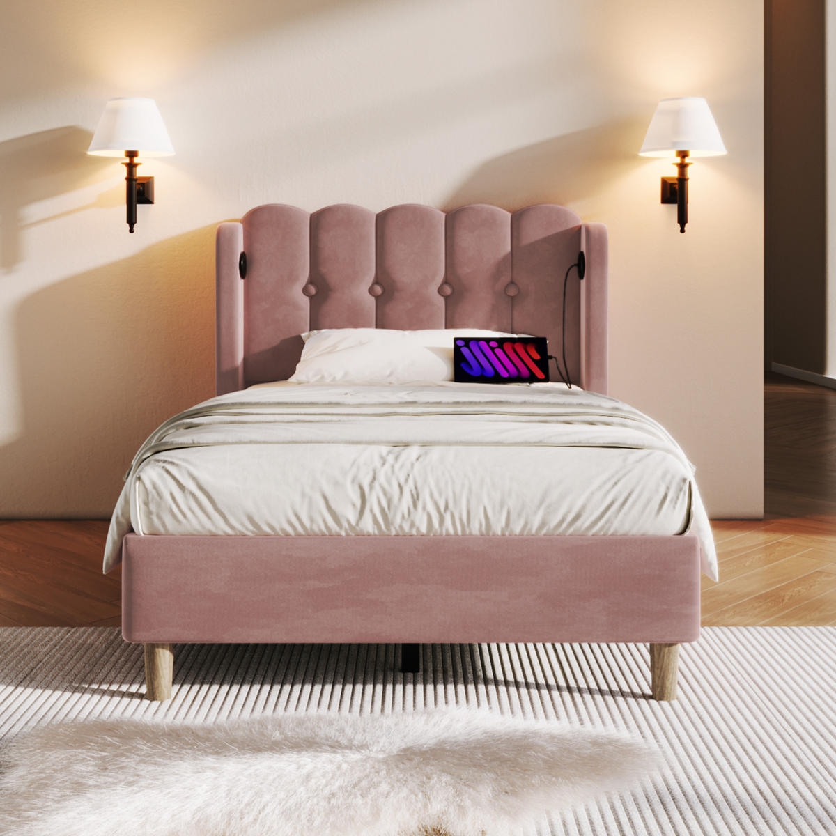 SAMT-POLSTERBETT 90/200 cm Rosa mit USB-C, Lattenrost und gepolstertem Kopfteil - Rosa, Textil (90/200cm) - BEAOK