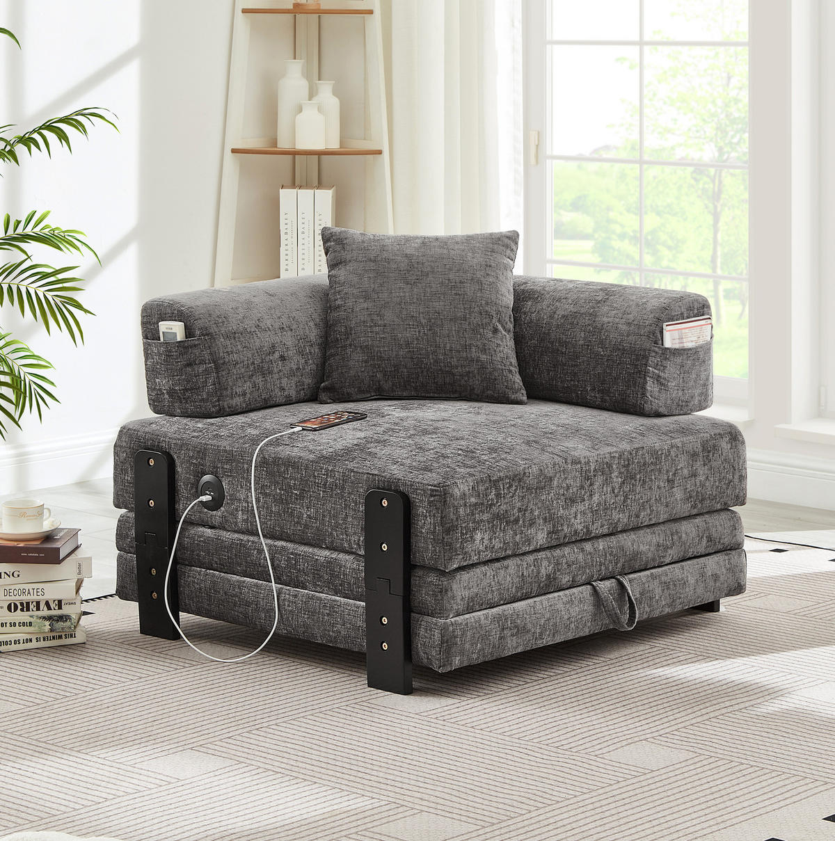 SCHLAFSESSEL aus Stoff Dunkelgrau mit Schlaffunktion, USB- und Type-C-Anschluss sowie Stauraum - Dunkelgrau, Textil (84/48/170.5cm) - Modfu