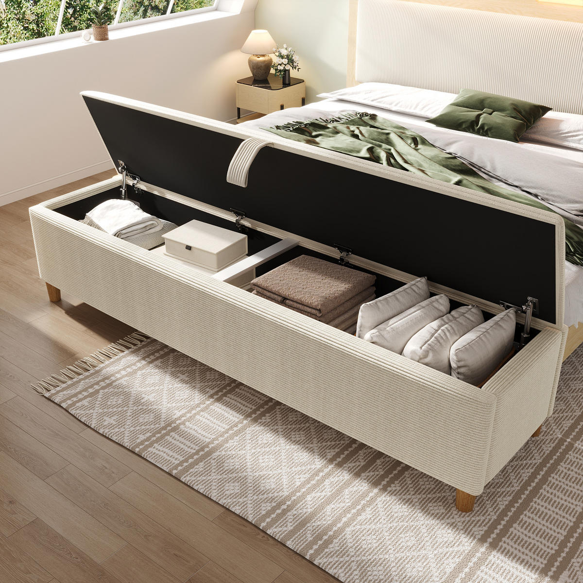 BETTBANK 165x38 cm Beige mit Stauraum - Beige, Holz (165/46/38cm) - FLIEKS