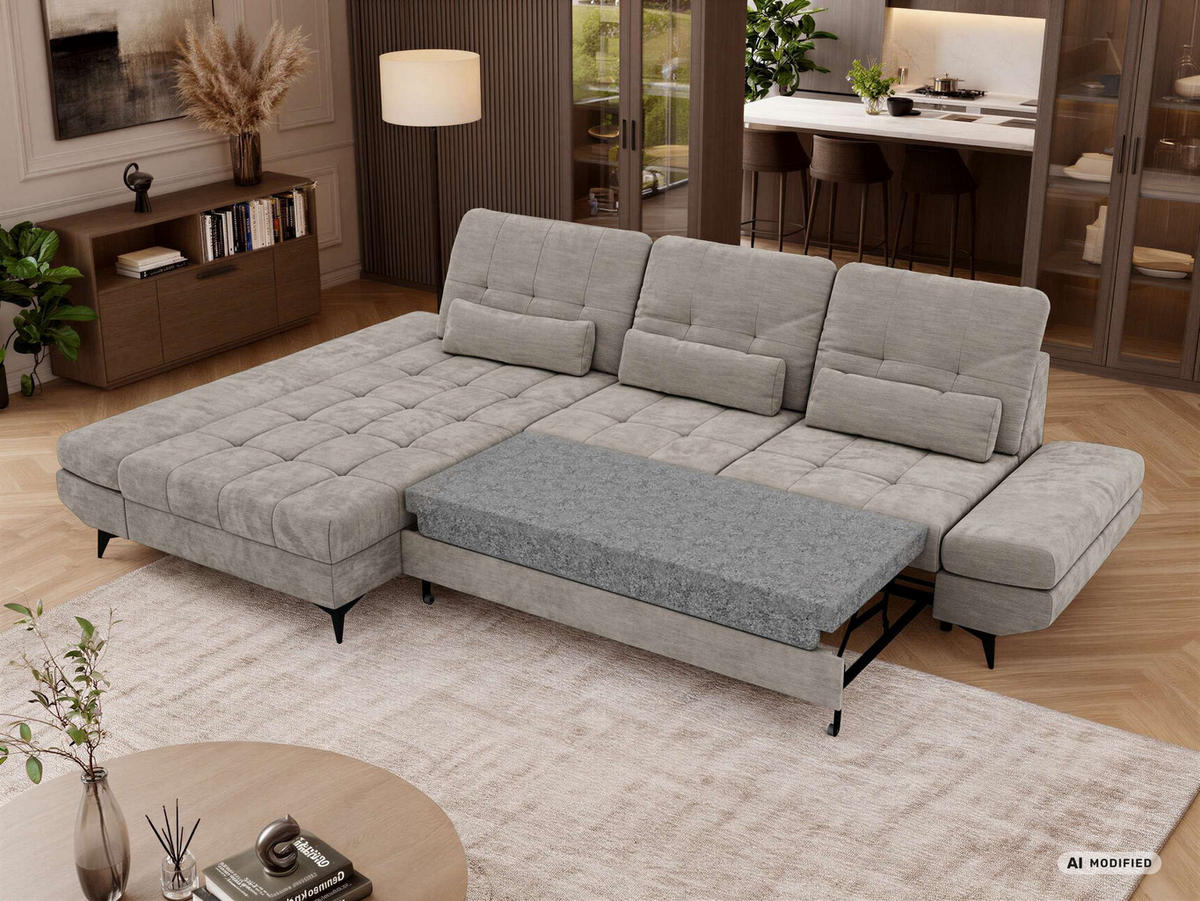 ECKSOFA ALVENO L - Hellgrau Schenille glatt - Links Seite - Hellgrau/Schwarz, Textil/Metall (218/344cm) - MKS