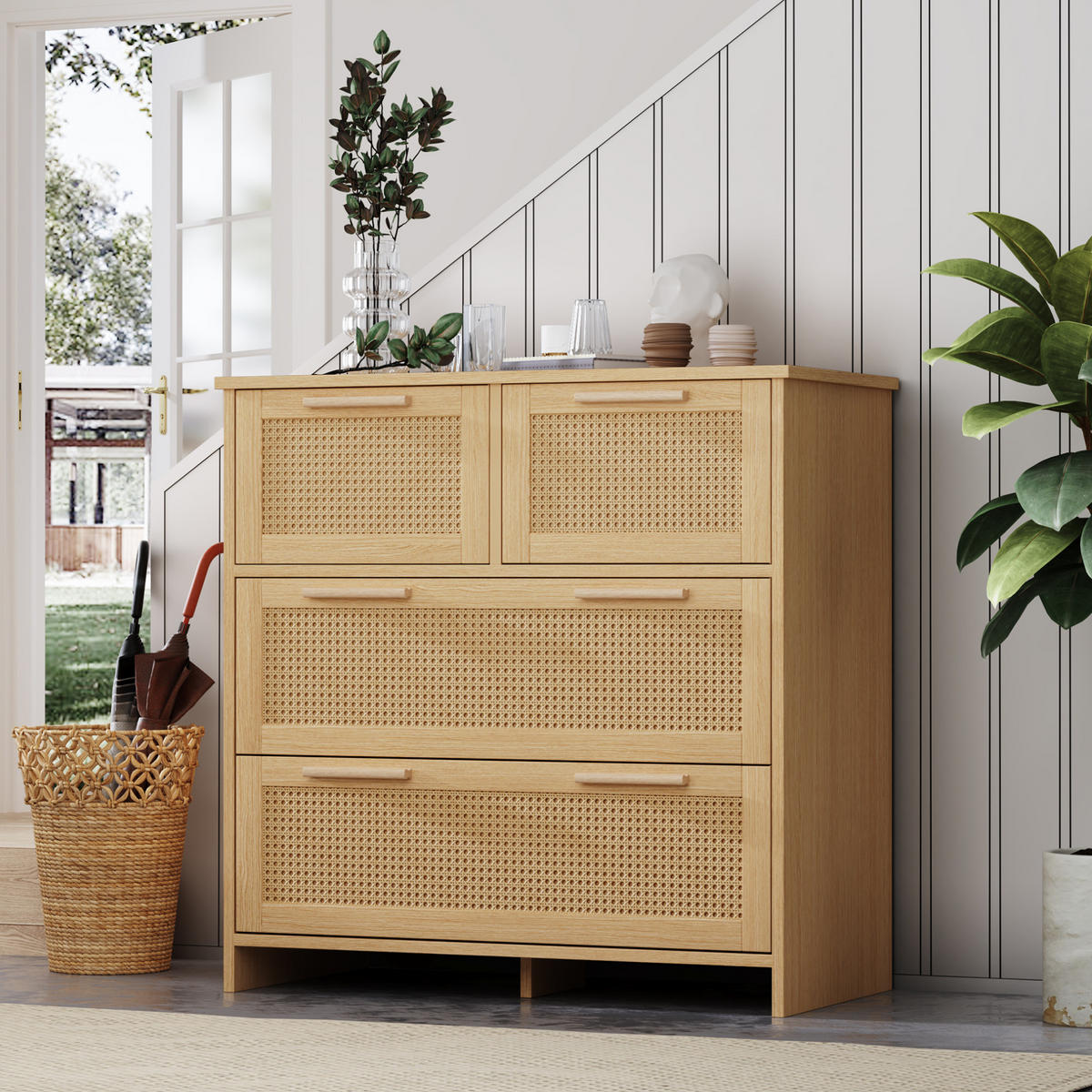 KOMODA z MDF a masivního dřeva 80x80x38 cm přírodní se 4 zásuvkami, ratanovým čelem a ochranou proti převrácení - přírodní, kompozitní dřevo (38/80/80cm) - Modfu
