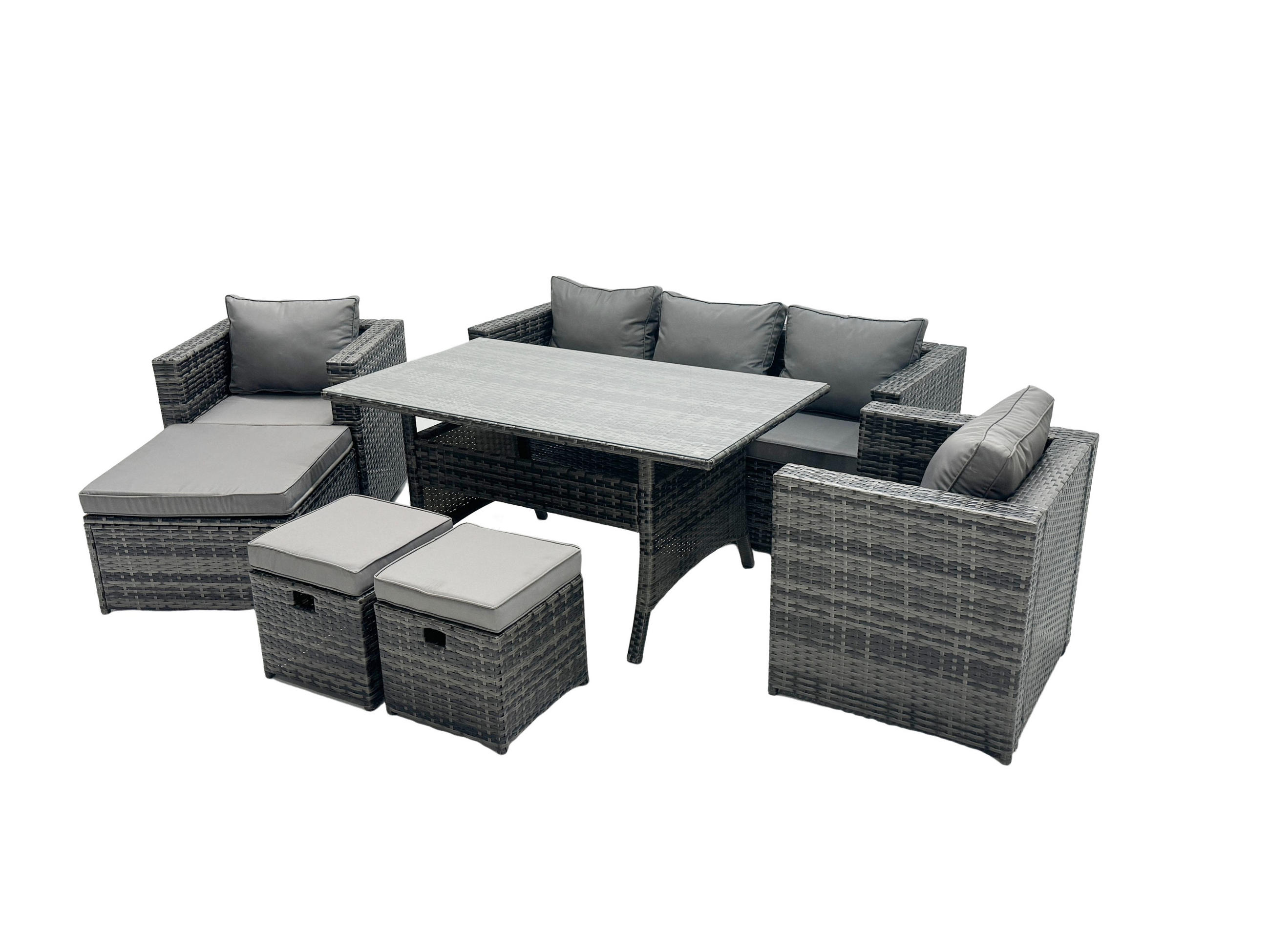 LOUNGEGARNITUR mit Stuhl Polyrattan Dunkelgrau 8-Sitzer - Dunkelgrau/Grau, Glas/Kunststoff - Fimous
