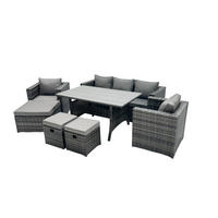 LOUNGEGARNITUR mit Stuhl Polyrattan Dunkelgrau 8-Sitzer - Dunkelgrau/Grau, Glas/Kunststoff - Fimous