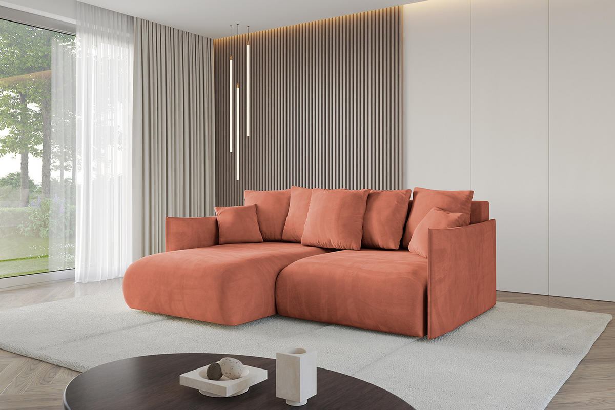 ECKSOFA mit Schlaffunktion und Bettkasten ONESK-L 208x165x40 Apricot Velours - Koralle, Holzwerkstoff/Kunststoff (208/165cm) - ALTDECOR