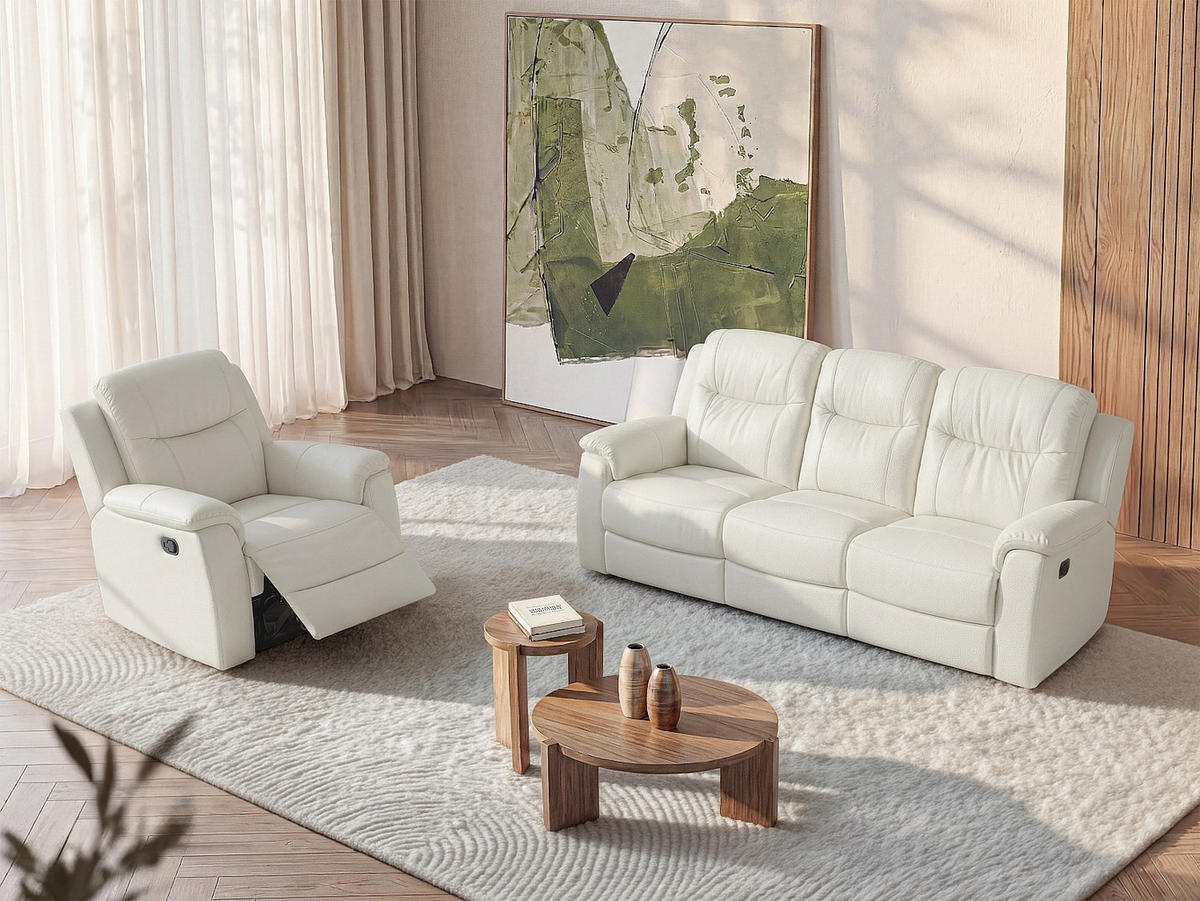 COUCHGARNITUR mit Sessel - 4 Personen - leder - elfenbeinfarben Evasion - Weiß, Leder (205/100/96cm) - Vente-Unique