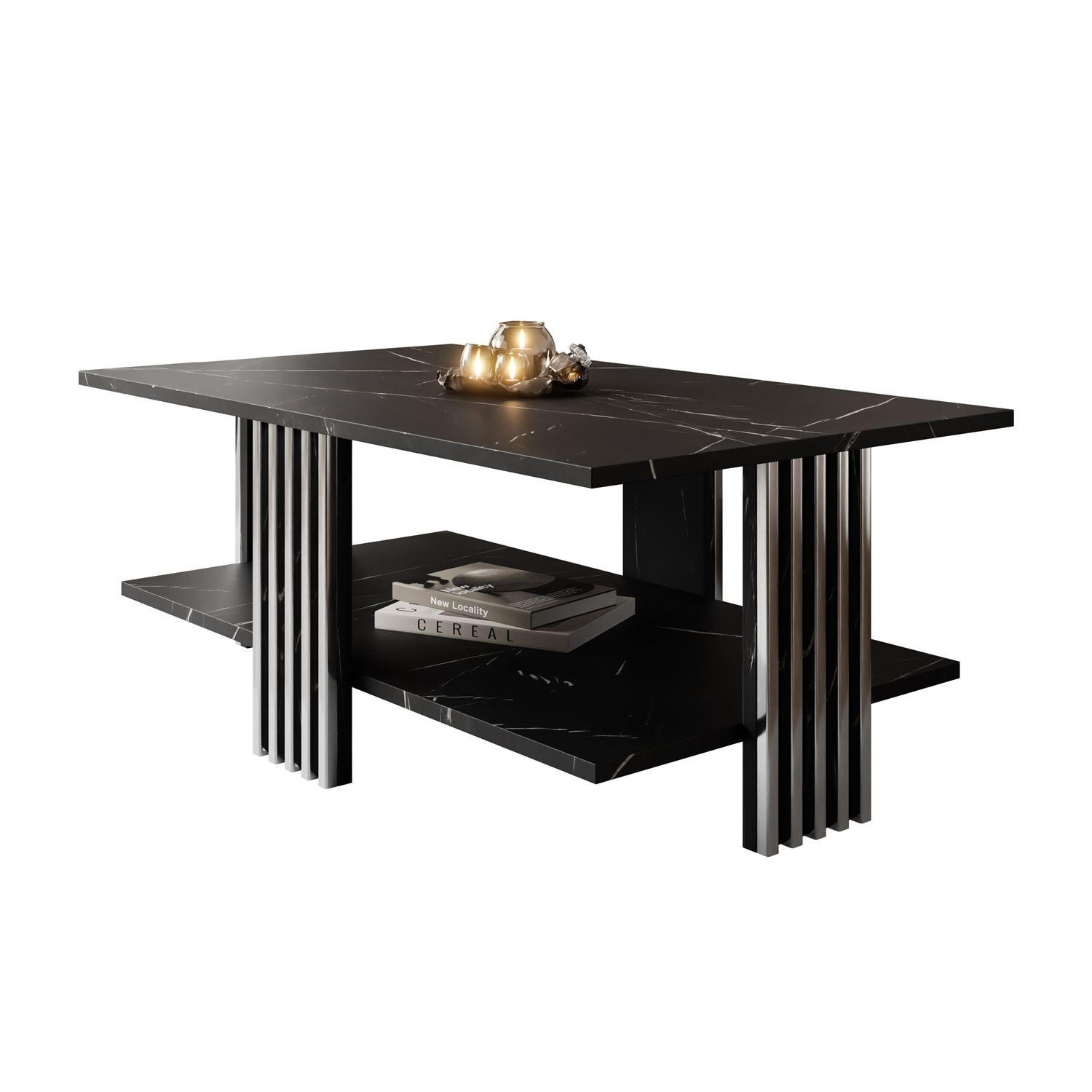 COUCHTISCH SAPHIRA SILVER mit Ablageboden, Schwarz Marmour - Schwarz, Holzwerkstoff (60/100/40cm) - Lookway