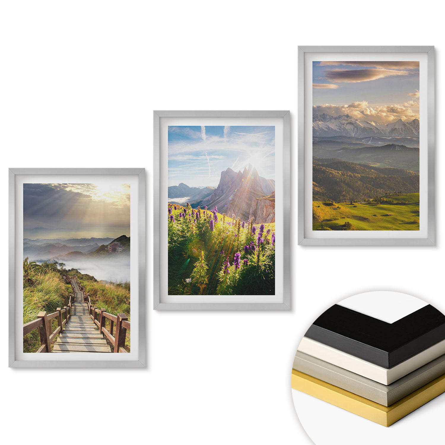 WANDBILDER 3er Set - 40x60 cm Silberner Rahmen - Berglandschaft mit Blumen - Silberfarben, Kunststoff (40/60cm) - ArtPrintCave