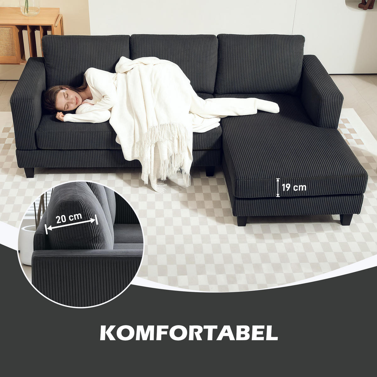 ECKSOFA Couch mit Chaiselongue 3 Sitzer Sofa L Form, 214 x 134 x 87 cm Dunkelgrau - Dunkelgrau, Kunststoff (214/134cm) - HOMCOM